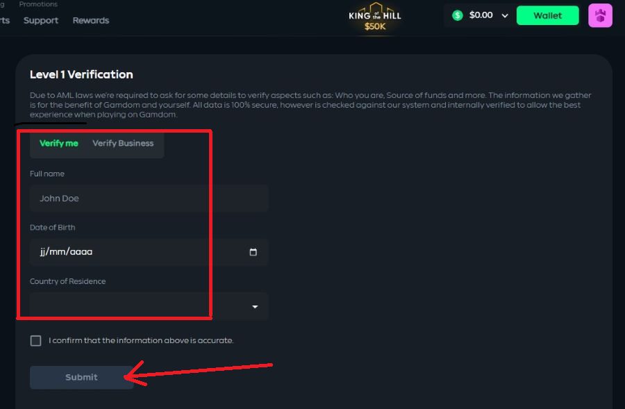 Vérification compte Gamdom Casino