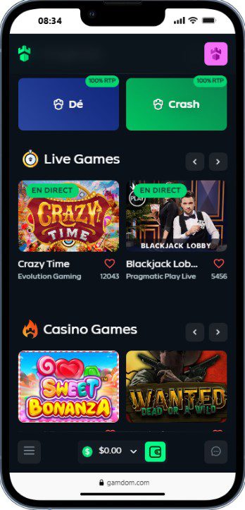 Version mobile Gamdom Casino
