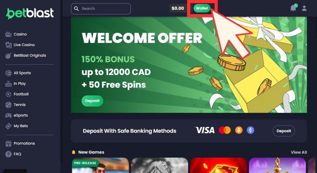 Tutoriel en image pour faire un dépôt sur Betblast Casino