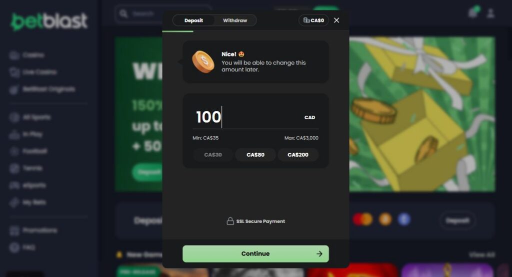Tutoriel en image pour faire un dépôt sur Betblast Casino