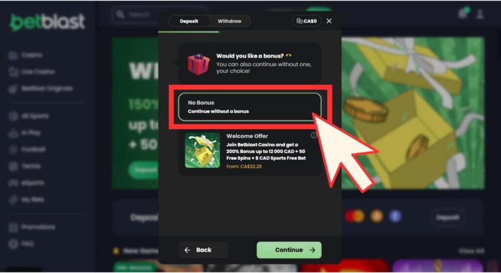Tutoriel en image pour faire un dépôt sur Betblast Casino