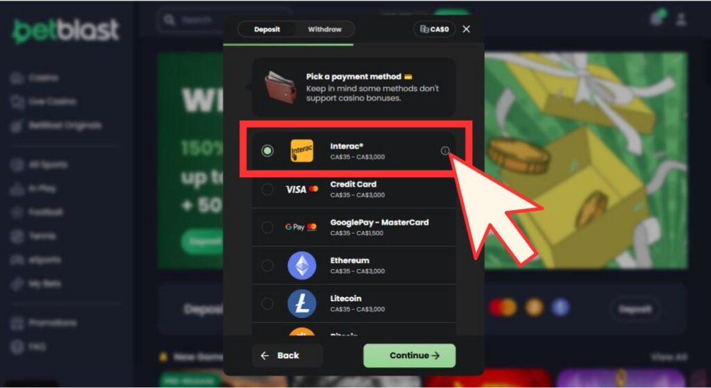 Tutoriel en image pour faire un dépôt sur Betblast Casino