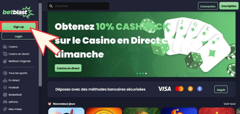 Comment s'inscrire sur Betblast Casino : étape 1