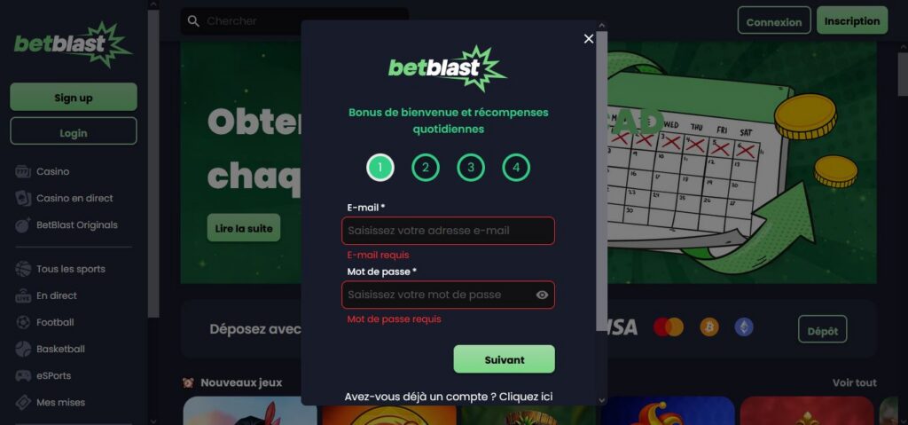 Comment s'inscrire sur Betblast Casino : étape 2