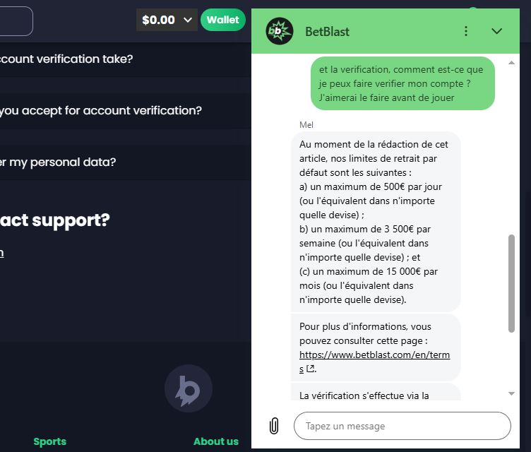 Echanges avec le support client du casino en ligne Betblast