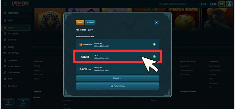 Tutoriel sur les dépôts sur Larabet Casino, étape 2