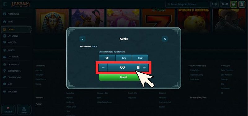Tutoriel sur les dépôts sur Larabet Casino, étape 3