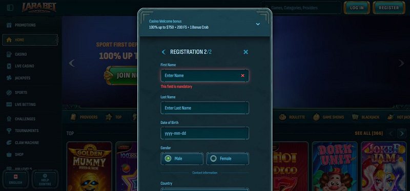 Inscription sur Larabet Casino, étape 4