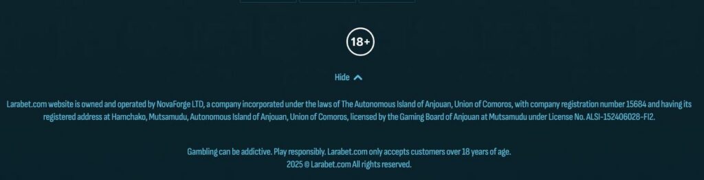 Mention de la licence de Larabet Casino en pied de page de sa plateforme