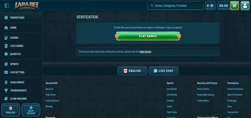 Page de verification sur Larabet Casino