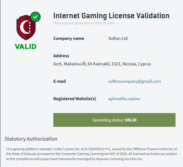 Licence Aphrodite casino en ligne
