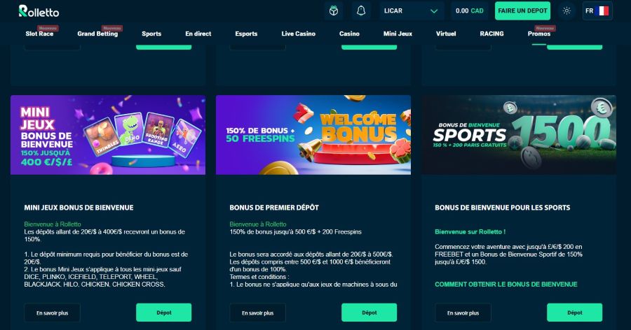 rolletto casino choix bonus