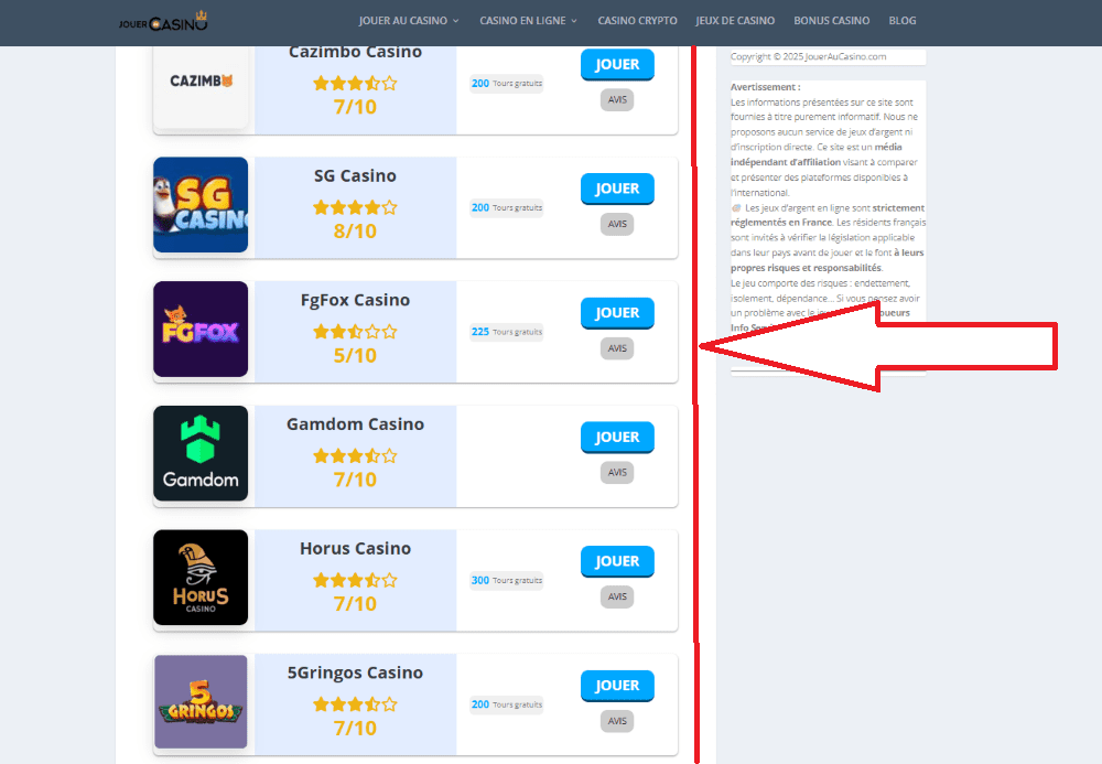 classement casino bonus de bienvenue