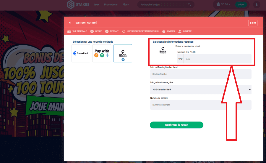 bonus de bienvenue montant retrait