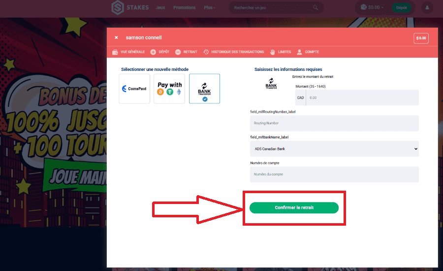bonus de bienvenue confirmer retrait