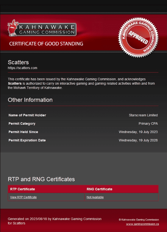 Scatters casino licence