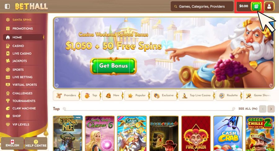 Tutoriel pour faire un dépôt sur BetHall Casino. Etape 1