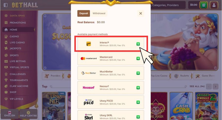 Tutoriel pour faire un dépôt sur BetHall Casino. Etape 2