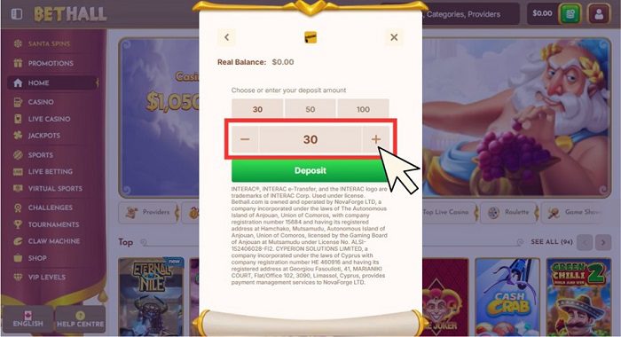Tutoriel pour faire un dépôt sur BetHall Casino. Etape 3