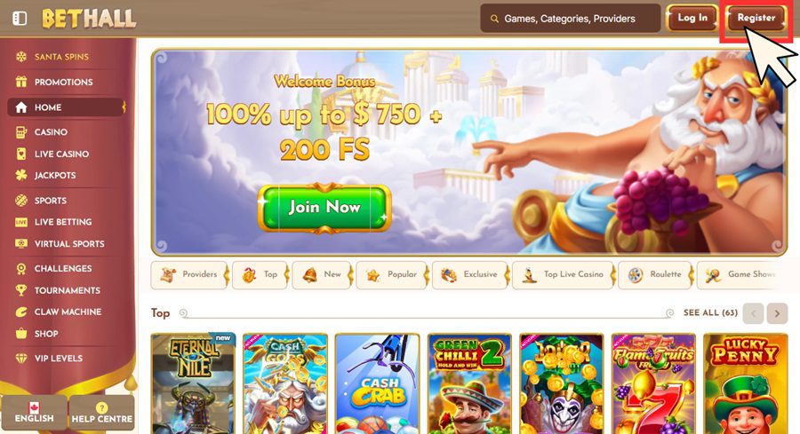Etapes pour créer un compte joueur sur BetHall Casino. Etape 1
