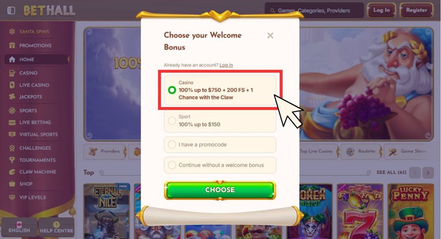 Etapes pour créer un compte joueur sur BetHall Casino. Etape 2