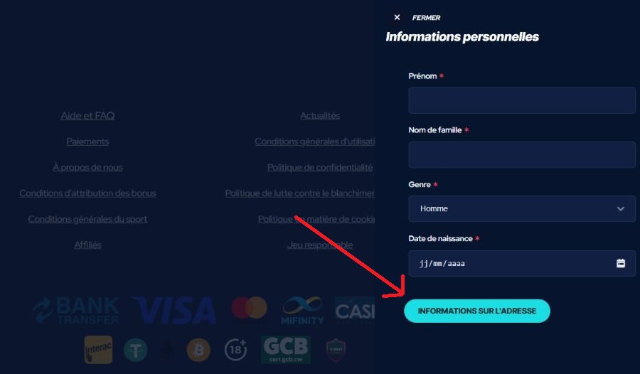 Inscription infos perso Betbeast Casino
