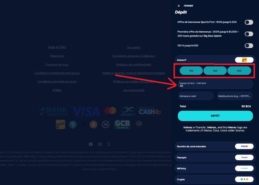 Montant paiement Betbeast Casino
