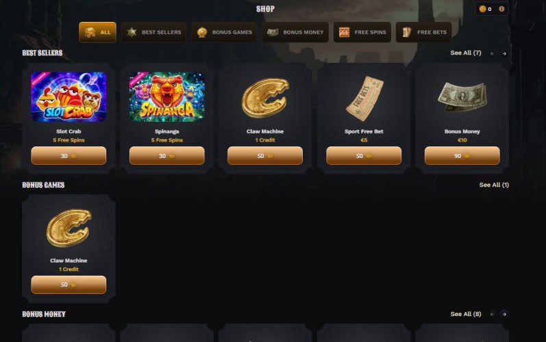 Autre promotion sur Wildsino Casino, detaillant la boutique de son programme de fidélité