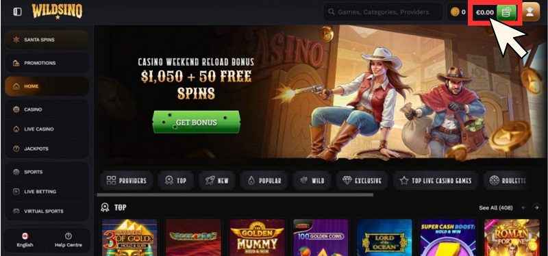 Tutoriel sur les dépôts sur Wildsino Casino, étape 1