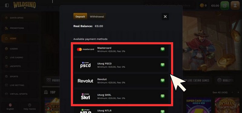Tutoriel sur les dépôts sur Wildsino Casino, étape 2
