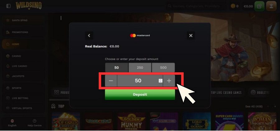 Tutoriel sur les dépôts sur Wildsino Casino, étape 3