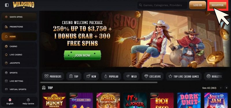 Inscription sur Wildsino Casino, étape 1