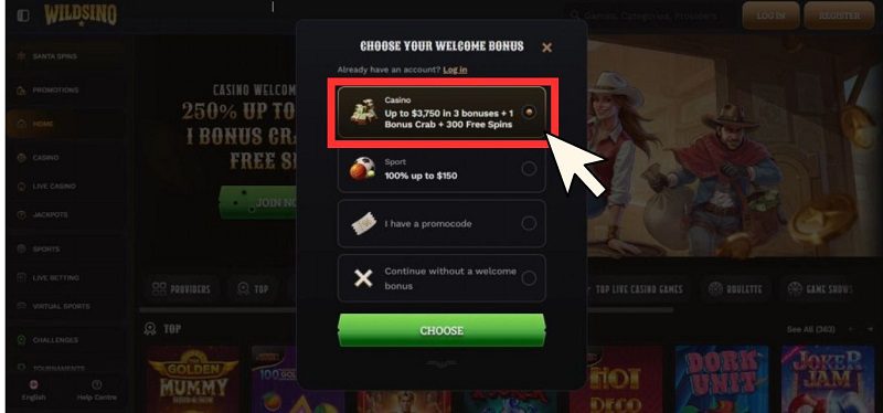 Inscription sur Wildsino Casino, étape 2