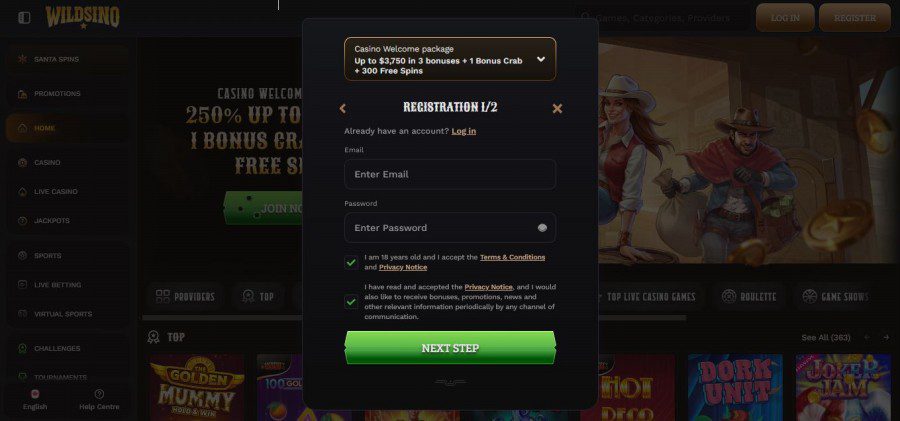 Inscription sur Wildsino Casino, étape 3