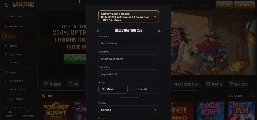 Inscription sur Wildsino Casino, étape 4