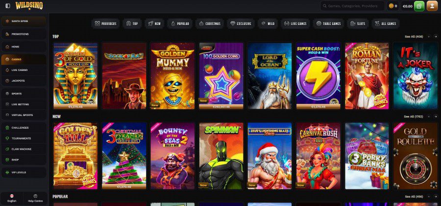 Lobby des jeux de casino sur Wildsino Casino au Canada