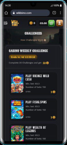 Compatibilité mobile de Wildsino Casino au Canada :page d'accueil sur smartphone