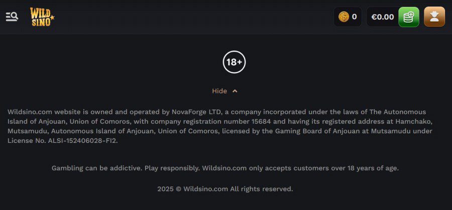 Mention de la licence de Wildsino Casino en pied de page de sa plateforme