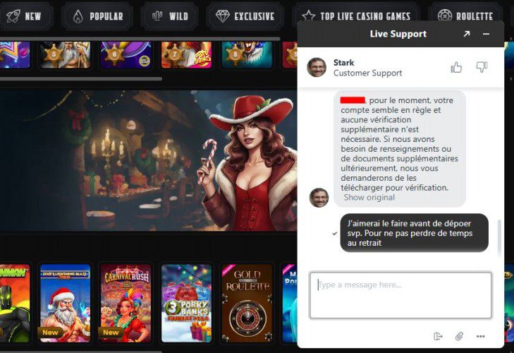 Echange avec le support client de Wildsino Casino pour joueurs au Canada