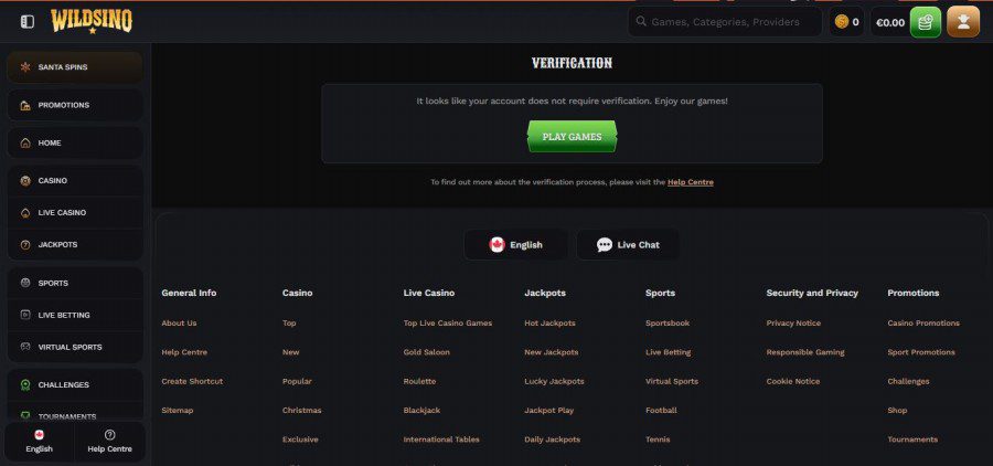 Page de verification sur Wildsino Casino