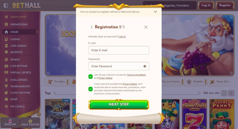 Etapes pour créer un compte joueur sur BetHall Casino. Etape 3