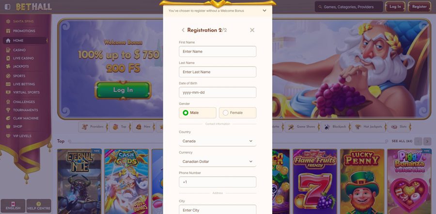 Etapes pour créer un compte joueur sur BetHall Casino. Etape 4
