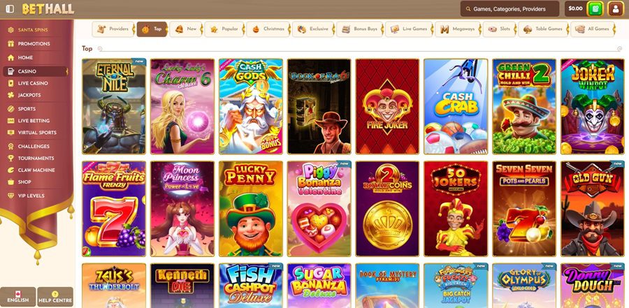 Lobby des jeux de casino sur BetHall Casino
