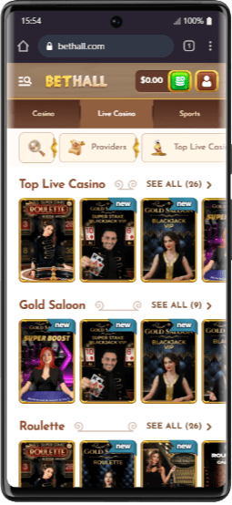 Page d'accueil de BetHall Casino sur un smartphone