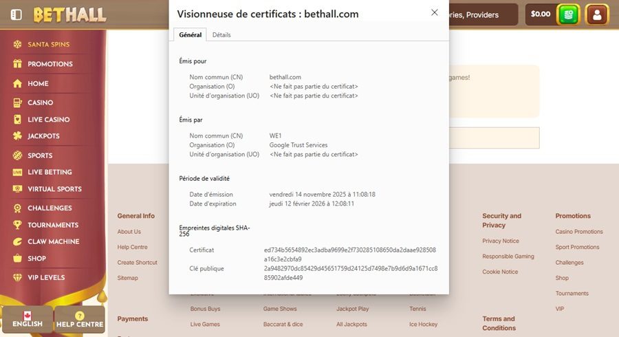 Certificat SSL de BetHall Casino confirmant son émetteur et sa date de validité