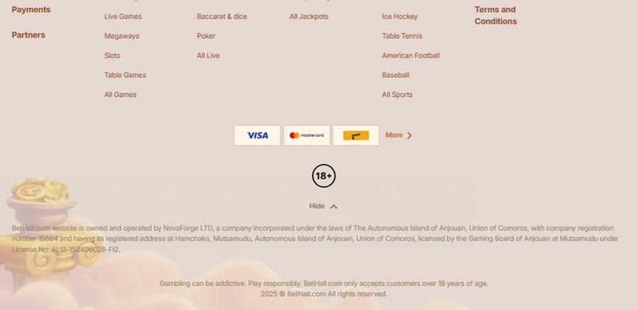 Mention de la licence de casino de BetHall
