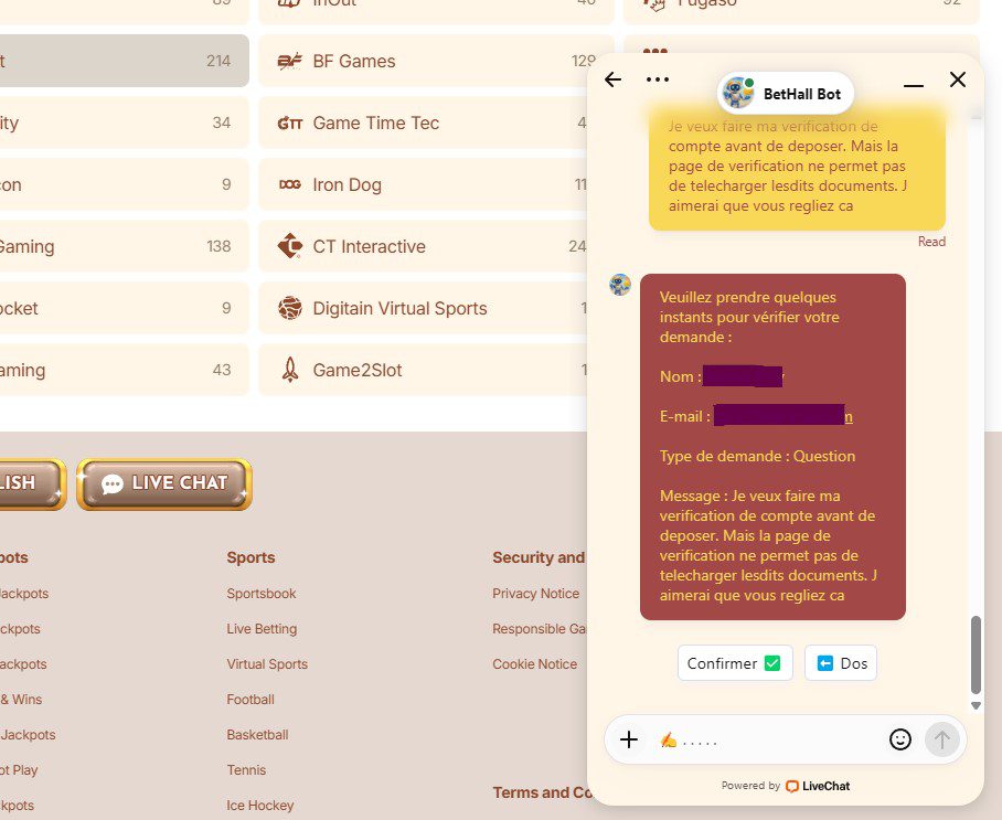 Discussion par live chat avec le support client sur le casino en ligne BetHall