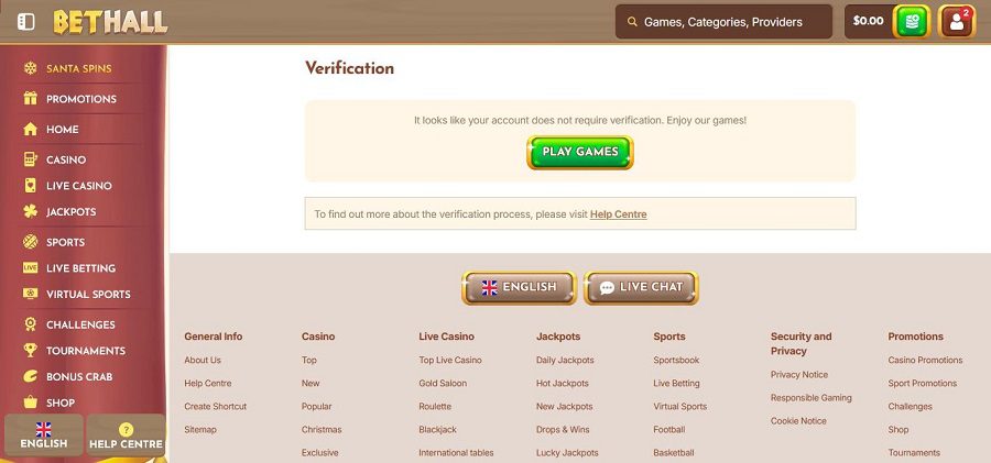 Verification du compte joueur sur BethHall Casino