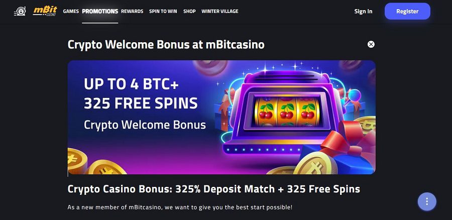 Bonus de bienvenue sur le casino crypto mBit, détaillant sont offre de 4 BTC et 325 Free Spins
