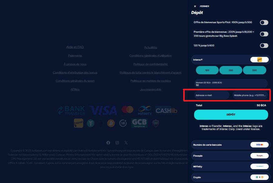 infos personelles paiement Betbeast Casino
